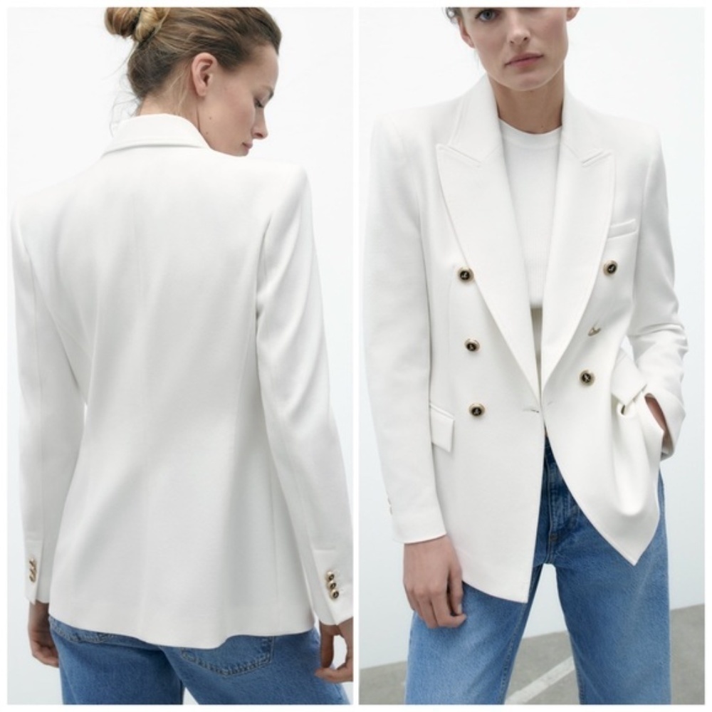 Zara Oyster White Tailored Double Breasted Blazer Gold Crest Buttons S Like New